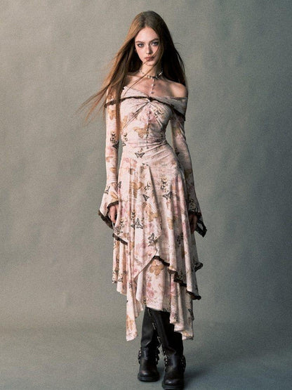 1P STUDIO Rose Butterfly Print Bardot Irregular Aline Women&