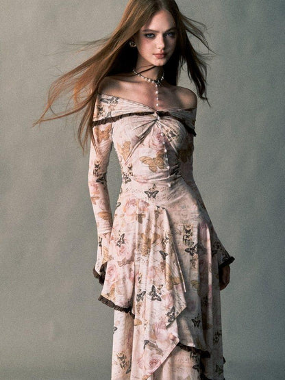 1P STUDIO Rose Butterfly Print Bardot Irregular Aline Women&