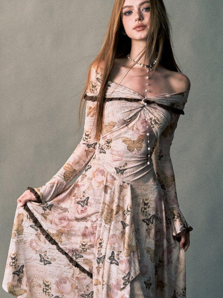 1P STUDIO Rose Butterfly Print Bardot Irregular Aline Women&