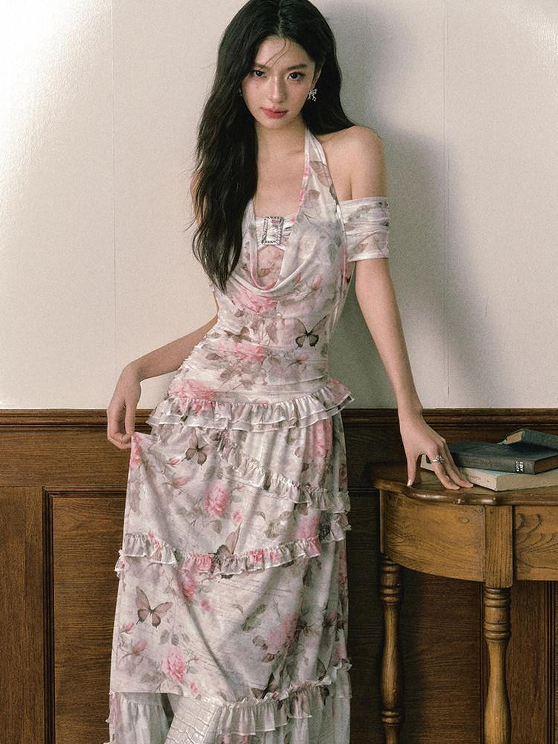 1P STUDIO Rose Butterfly Printed Asymmetrical Women&