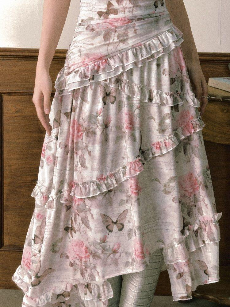 1P STUDIO Rose Butterfly Printed Asymmetrical Women&