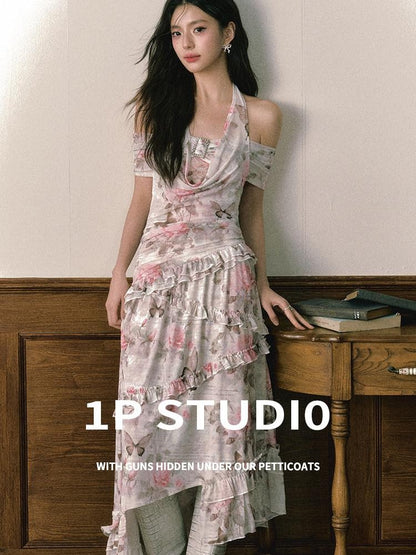 1P STUDIO Rose Butterfly Printed Asymmetrical Women&