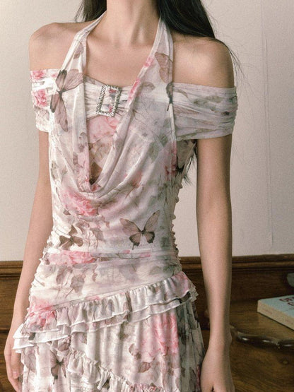 1P STUDIO Rose Butterfly Printed Asymmetrical Women&