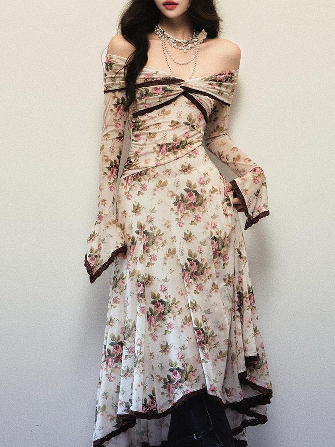 1P STUDIO Rose Print Asymmetric Long Sleeve Women&