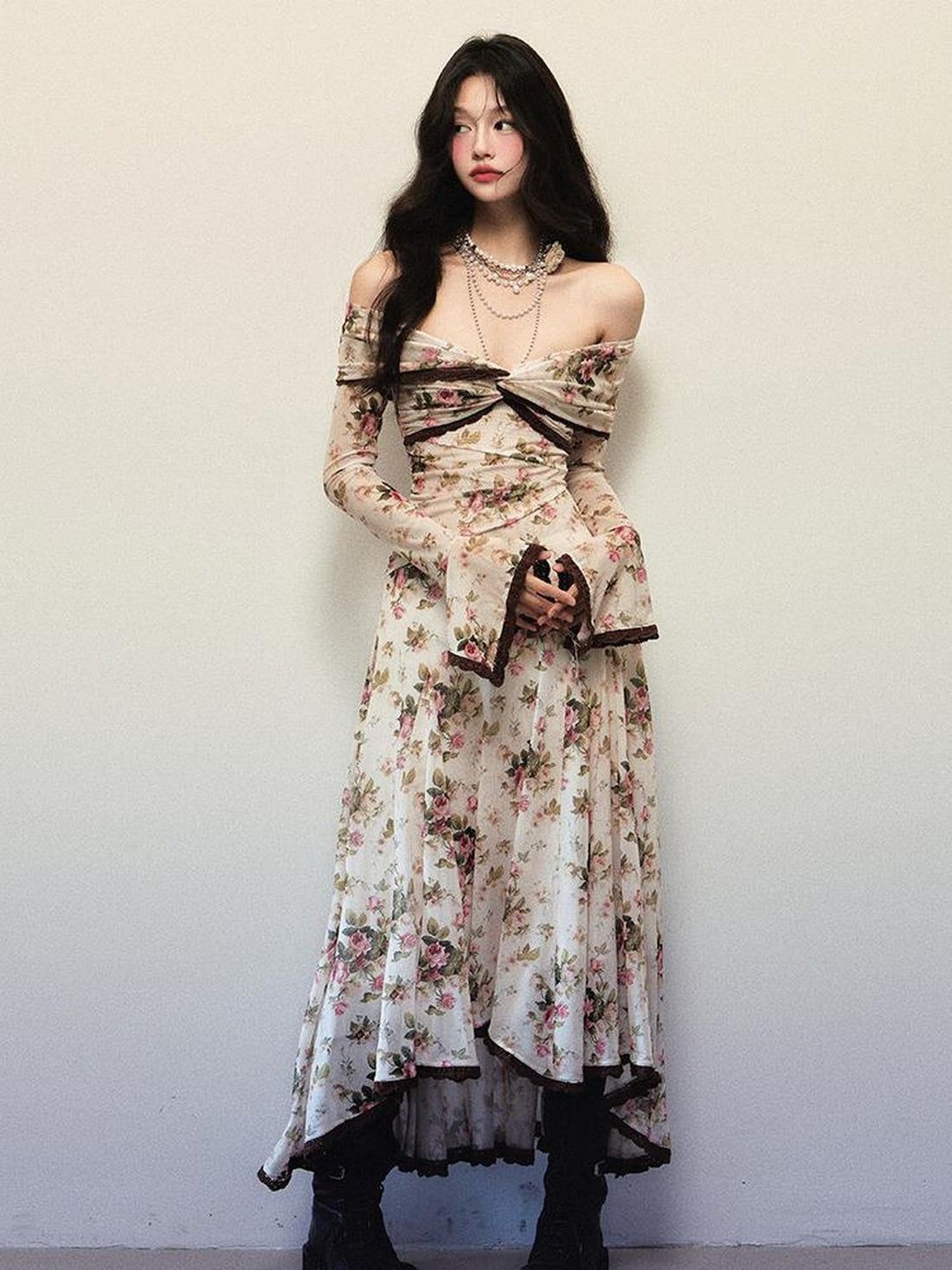 1P STUDIO Rose Print Asymmetric Long Sleeve Women&