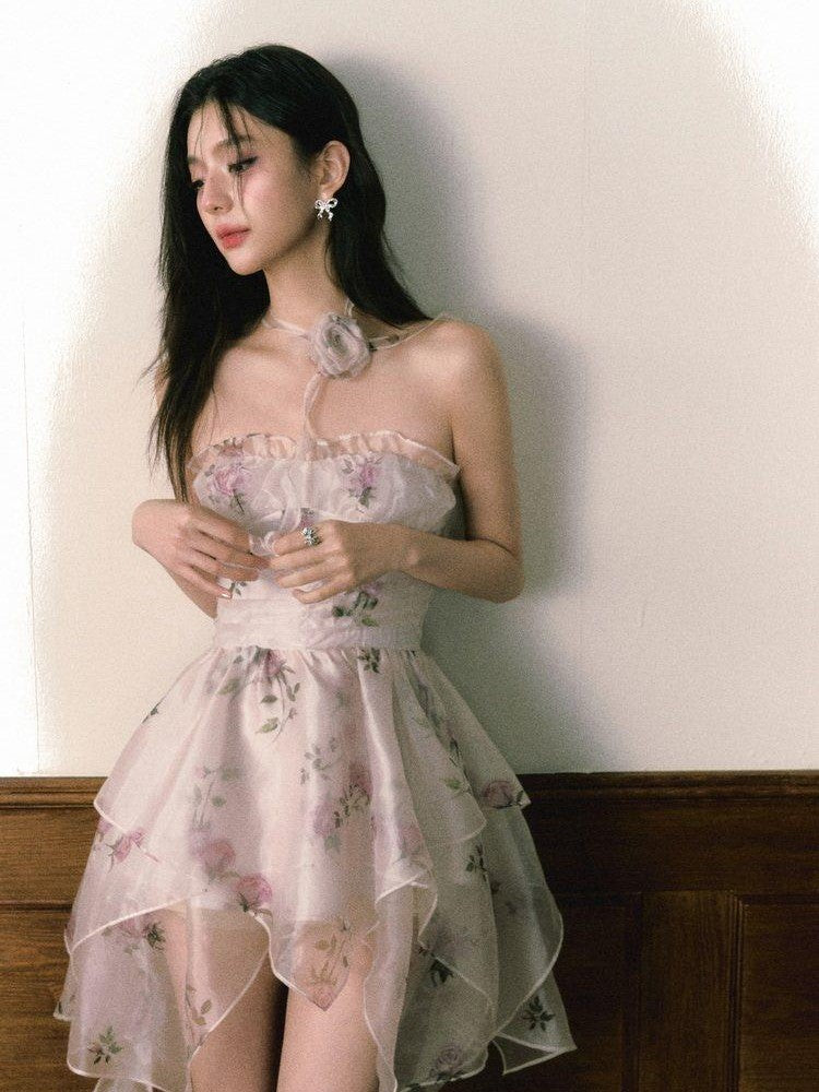 1P STUDIO Rose Print Layered Asymmetric Hem Bustier Aline Women&