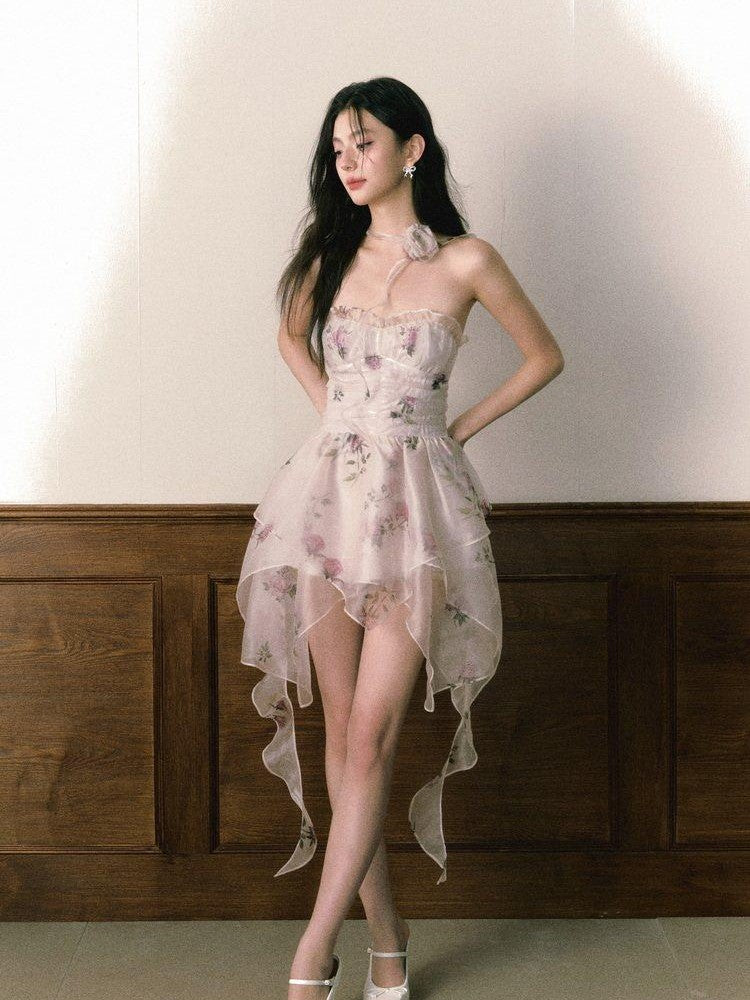 1P STUDIO Rose Print Layered Asymmetric Hem Bustier Aline Women&