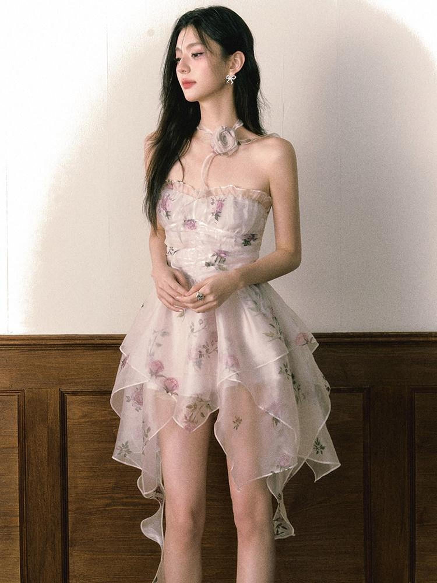 1P STUDIO Rose Print Layered Asymmetric Hem Bustier Aline Women&