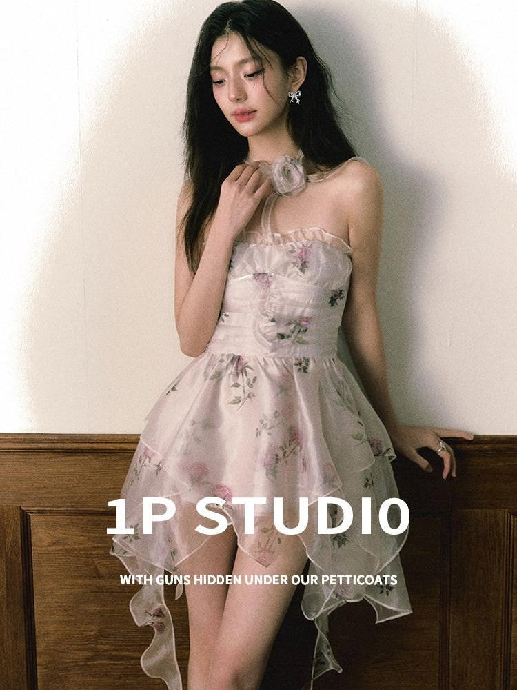 1P STUDIO Rose Print Layered Asymmetric Hem Bustier Aline Women&