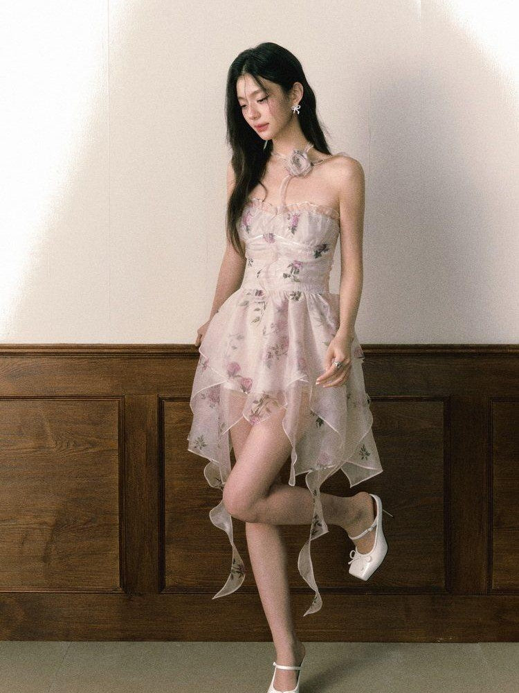1P STUDIO Rose Print Layered Asymmetric Hem Bustier Aline Women&
