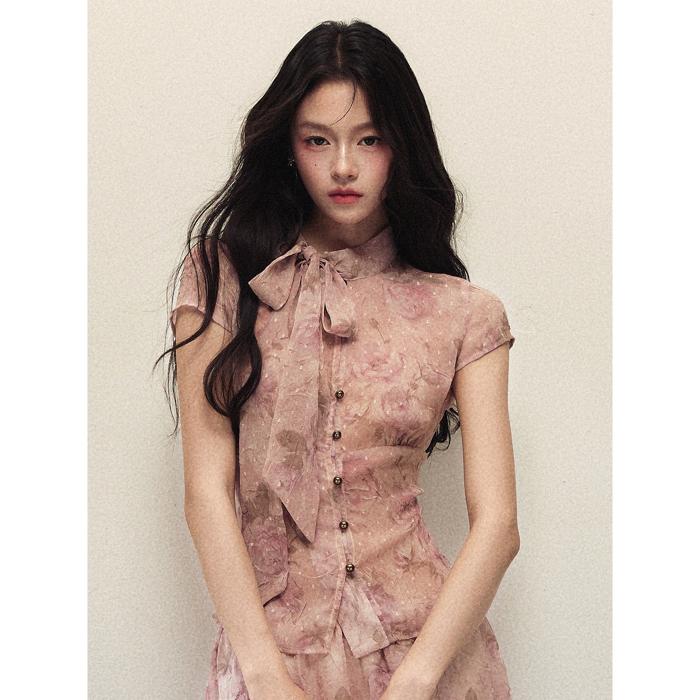 1P_STUDIO_Rose_Print_Ombre_Bow_Tie_Shirt_A_Line_Skirt_Women&