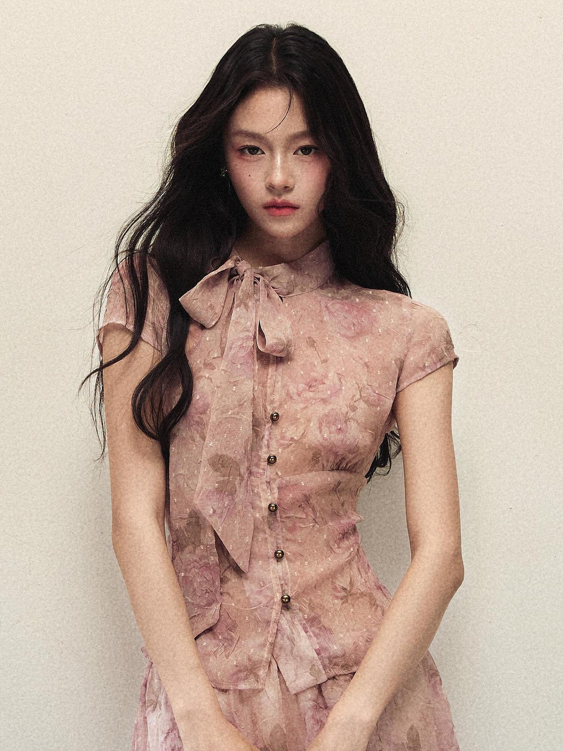 1P STUDIO Rose Print Ombre Bow Tie Shirt A Line Skirt Women&