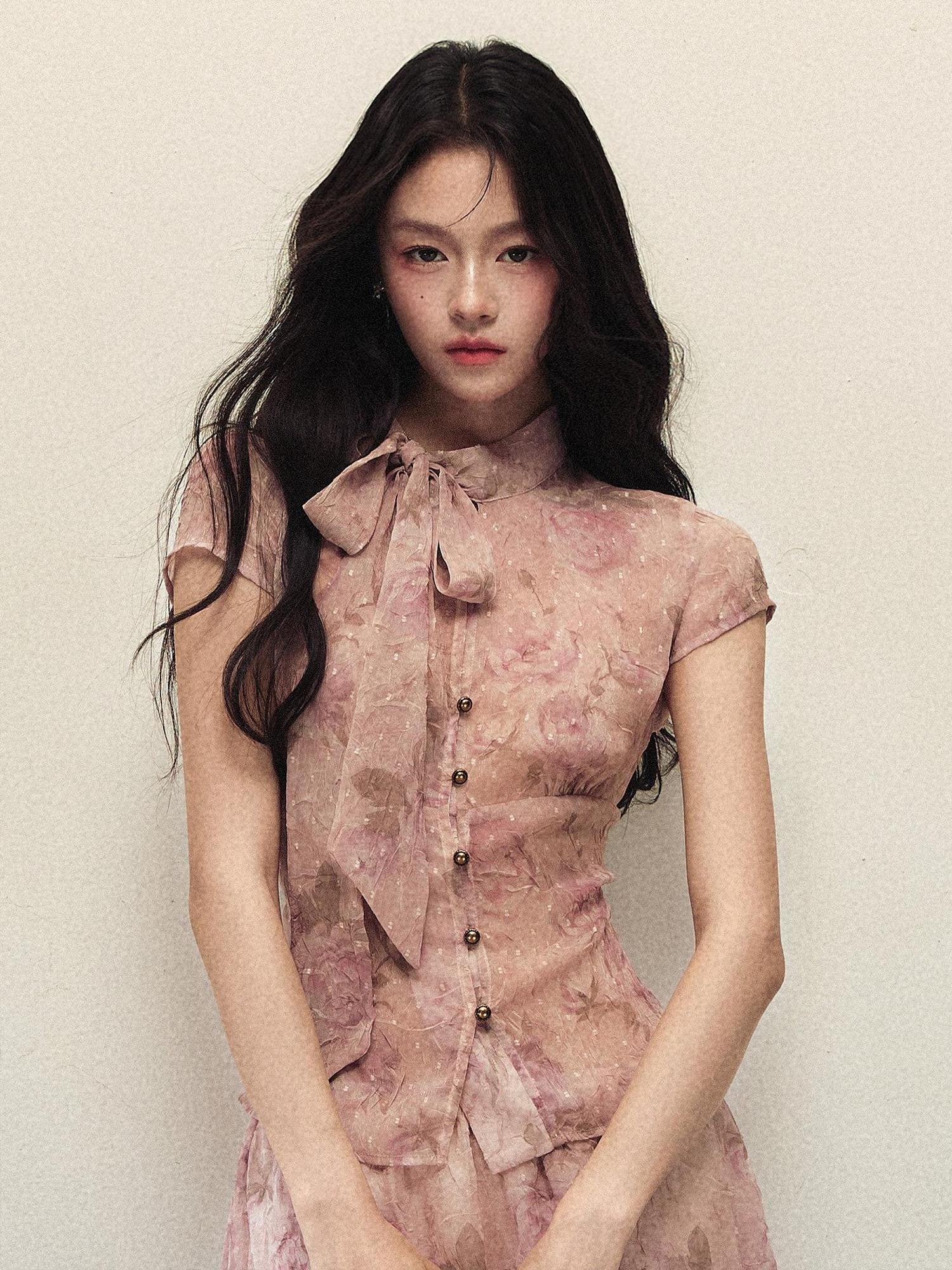 1P STUDIO Rose Print Ombre Bow Tie Shirt A Line Skirt Women&