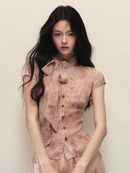 1P STUDIO Rose Print Ombre Bow Tie Shirt A Line Skirt Women&