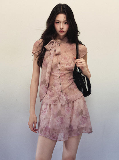 1P STUDIO Rose Print Ombre Bow Tie Shirt A Line Skirt Women&