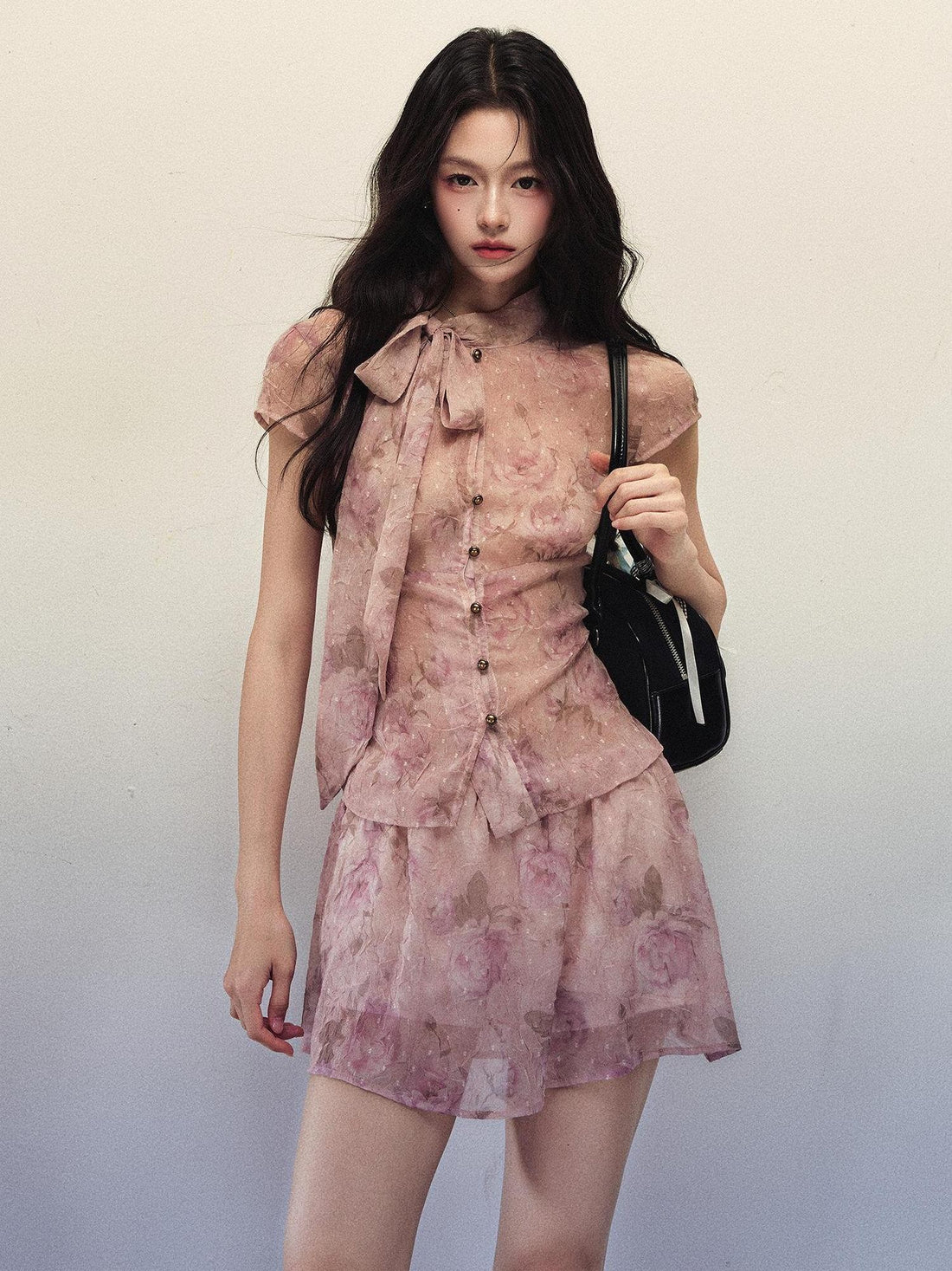1P STUDIO Rose Print Ombre Bow Tie Shirt A Line Skirt Women&