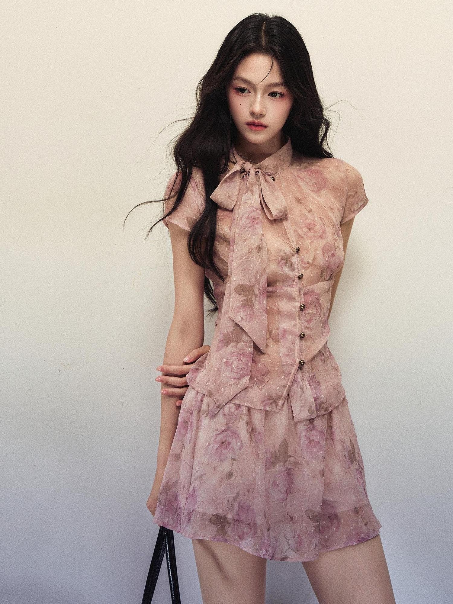 1P STUDIO Rose Print Ombre Bow Tie Shirt A Line Skirt Women&