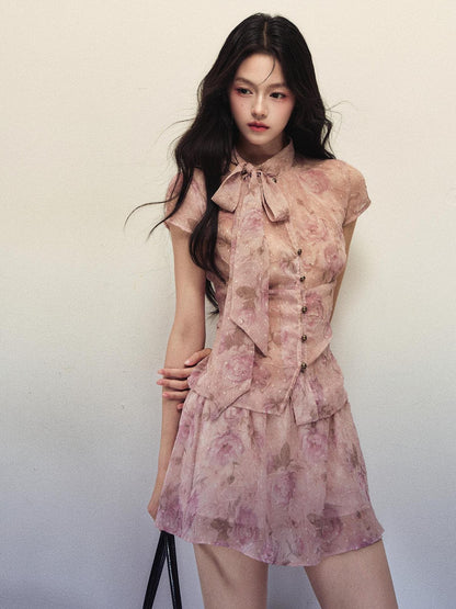 1P STUDIO Rose Print Ombre Bow Tie Shirt A Line Skirt Women&