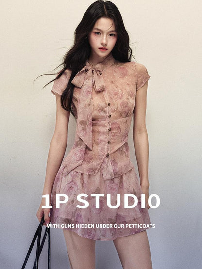 1P STUDIO Rose Print Ombre Bow Tie Shirt A Line Skirt Women&