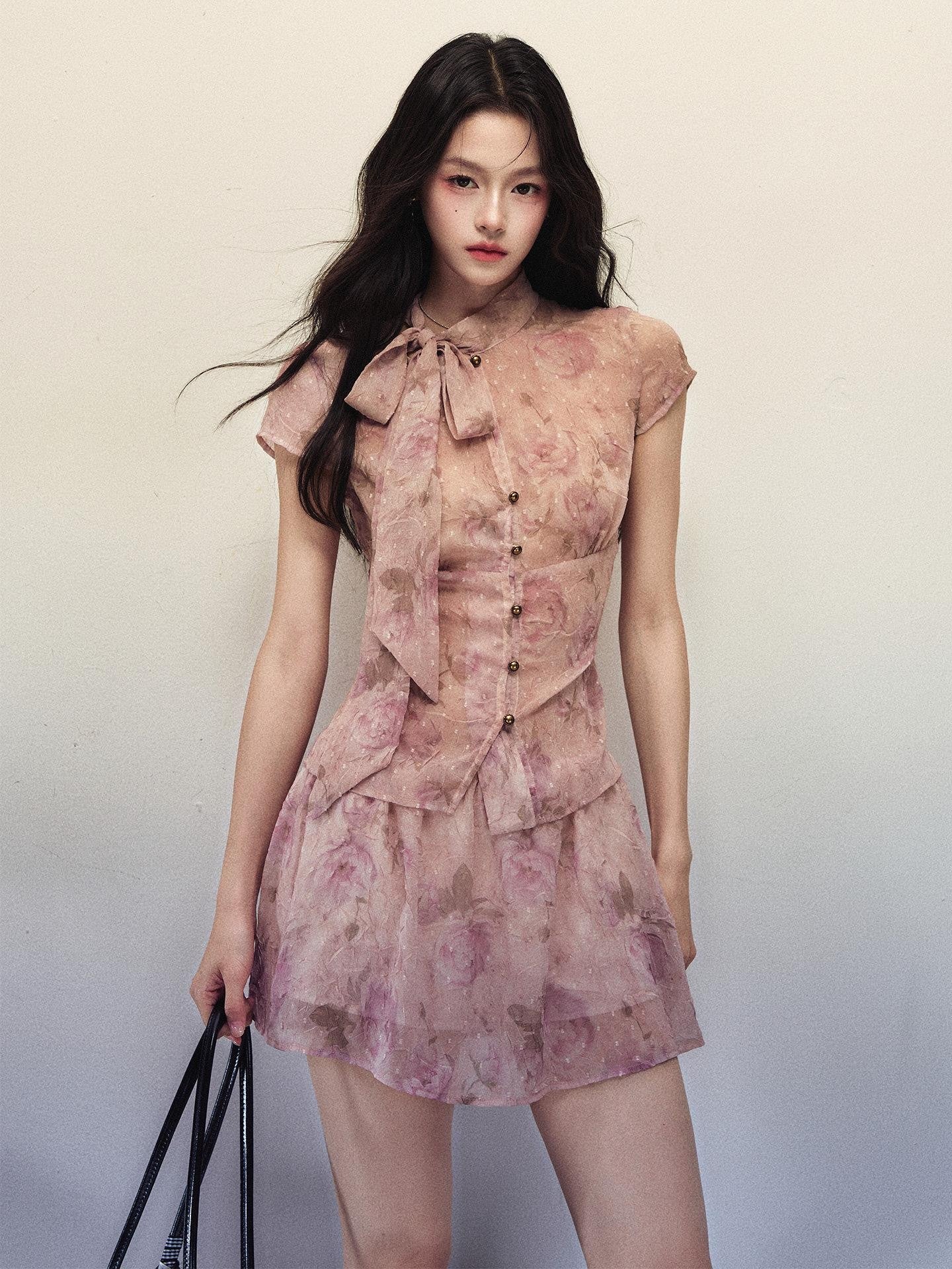 1P STUDIO Rose Print Ombre Bow Tie Shirt A Line Skirt Women&