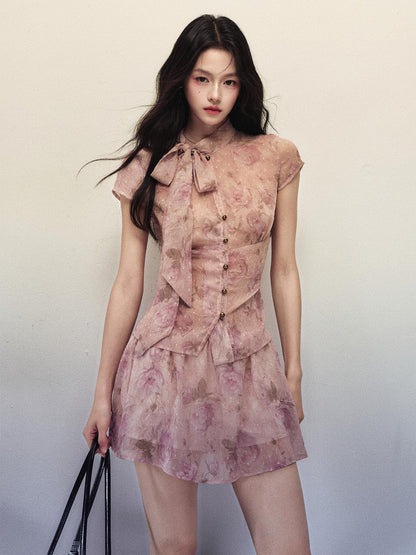 1P STUDIO Rose Print Ombre Bow Tie Shirt A Line Skirt Women&