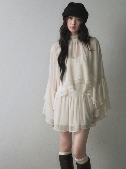 1P STUDIO Ruffle Trim Bell Sleeve Chiffon Slim Fit Cami Women&