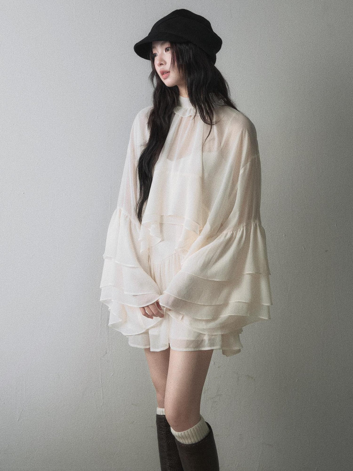 1P STUDIO Ruffle Trim Bell Sleeve Chiffon Slim Fit Cami Women&