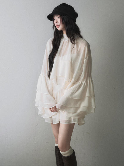 1P STUDIO Ruffle Trim Bell Sleeve Chiffon Slim Fit Cami Women&