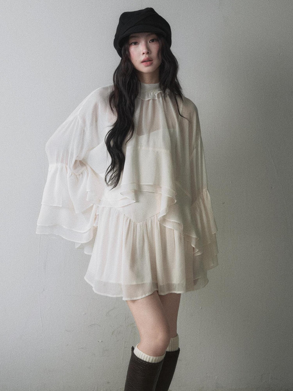 1P STUDIO Ruffle Trim Bell Sleeve Chiffon Slim Fit Cami Women&