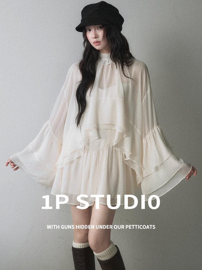 1P STUDIO Ruffle Trim Bell Sleeve Chiffon Slim Fit Cami Women&