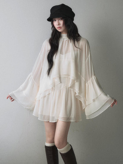 1P STUDIO Ruffle Trim Bell Sleeve Chiffon Slim Fit Cami Women&
