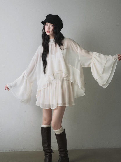 1P STUDIO Ruffle Trim Bell Sleeve Chiffon Slim Fit Cami Women&