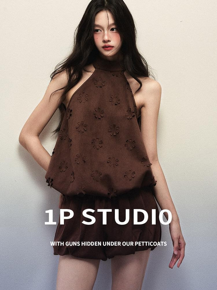1P STUDIO Rust Brown Floral Cutout Halter Low Waist Women&
