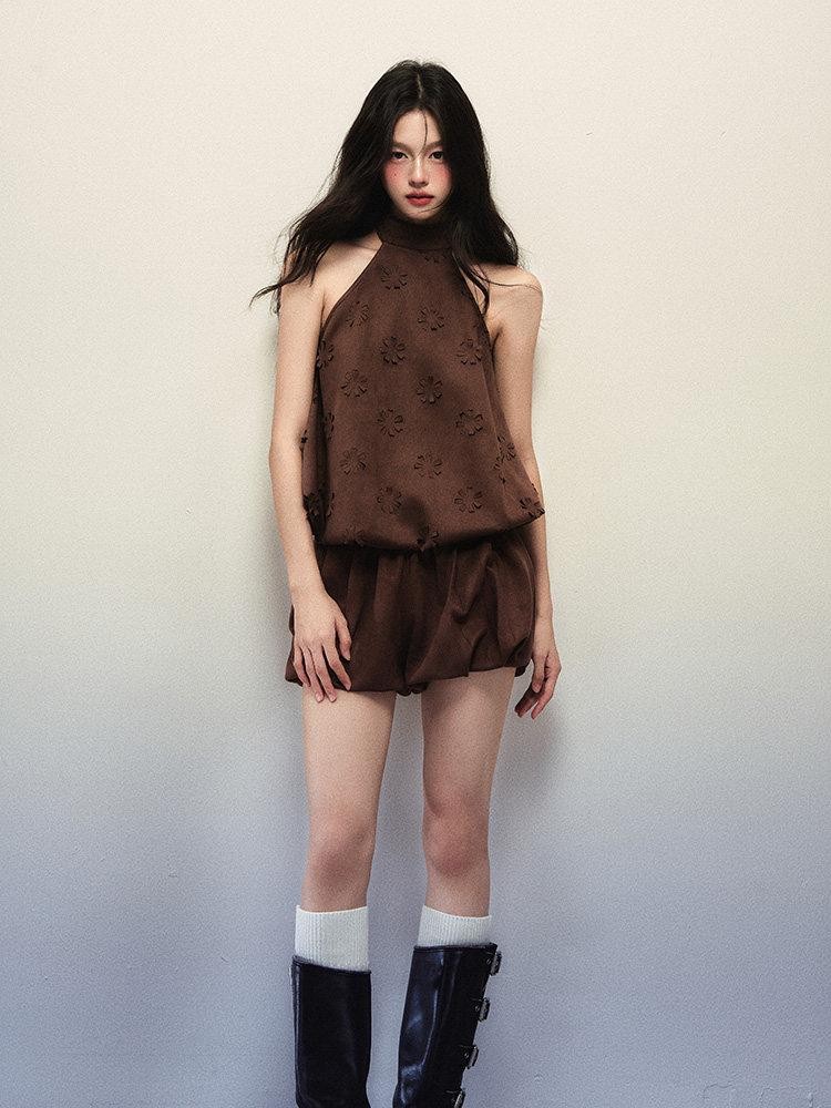 1P STUDIO Rust Brown Floral Cutout Halter Low Waist Women&