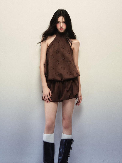 1P STUDIO Rust Brown Floral Cutout Halter Low Waist Women&