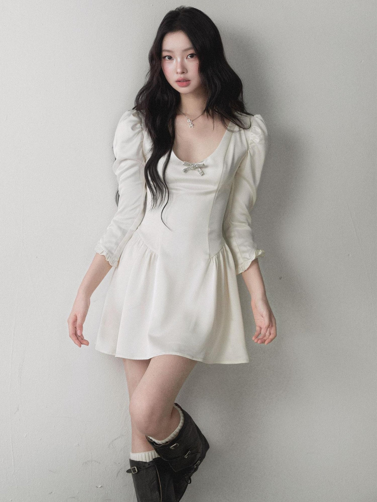 1P STUDIO Satin Bow U Neck Bubble Sleeve Women&