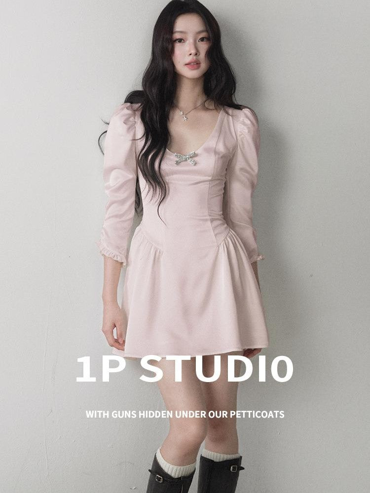1P STUDIO Satin Bow U Neck Bubble Sleeve Women&