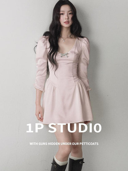 1P STUDIO Satin Bow U Neck Bubble Sleeve Women&