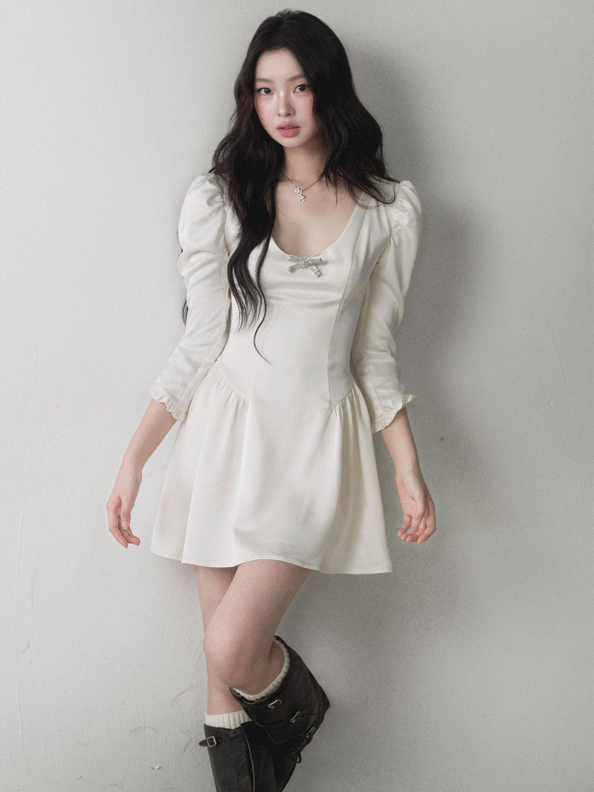1P STUDIO Satin Bow U Neck Bubble Sleeve Women&
