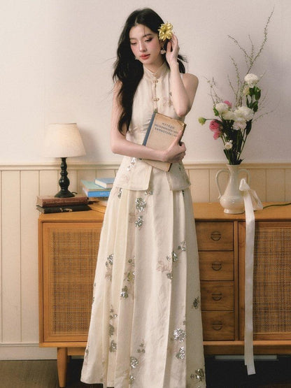 1P STUDIO Sequin Embroidery Mandarin Vest Stand Collar Women&