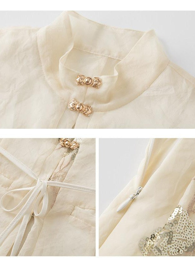 1P STUDIO Sequin Embroidery Mandarin Vest Stand Collar Women&