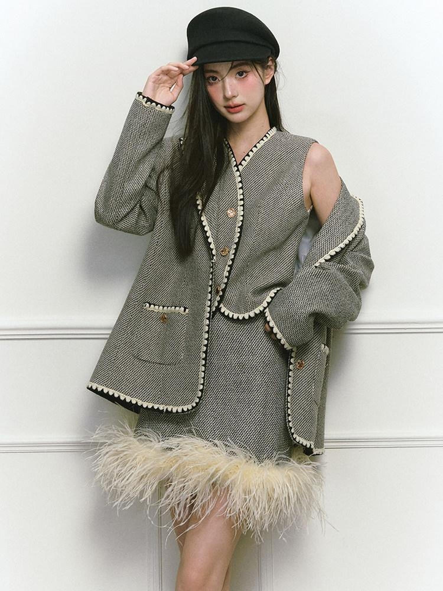 1P STUDIO Shell Embroidered Tweed Three Piece Women&