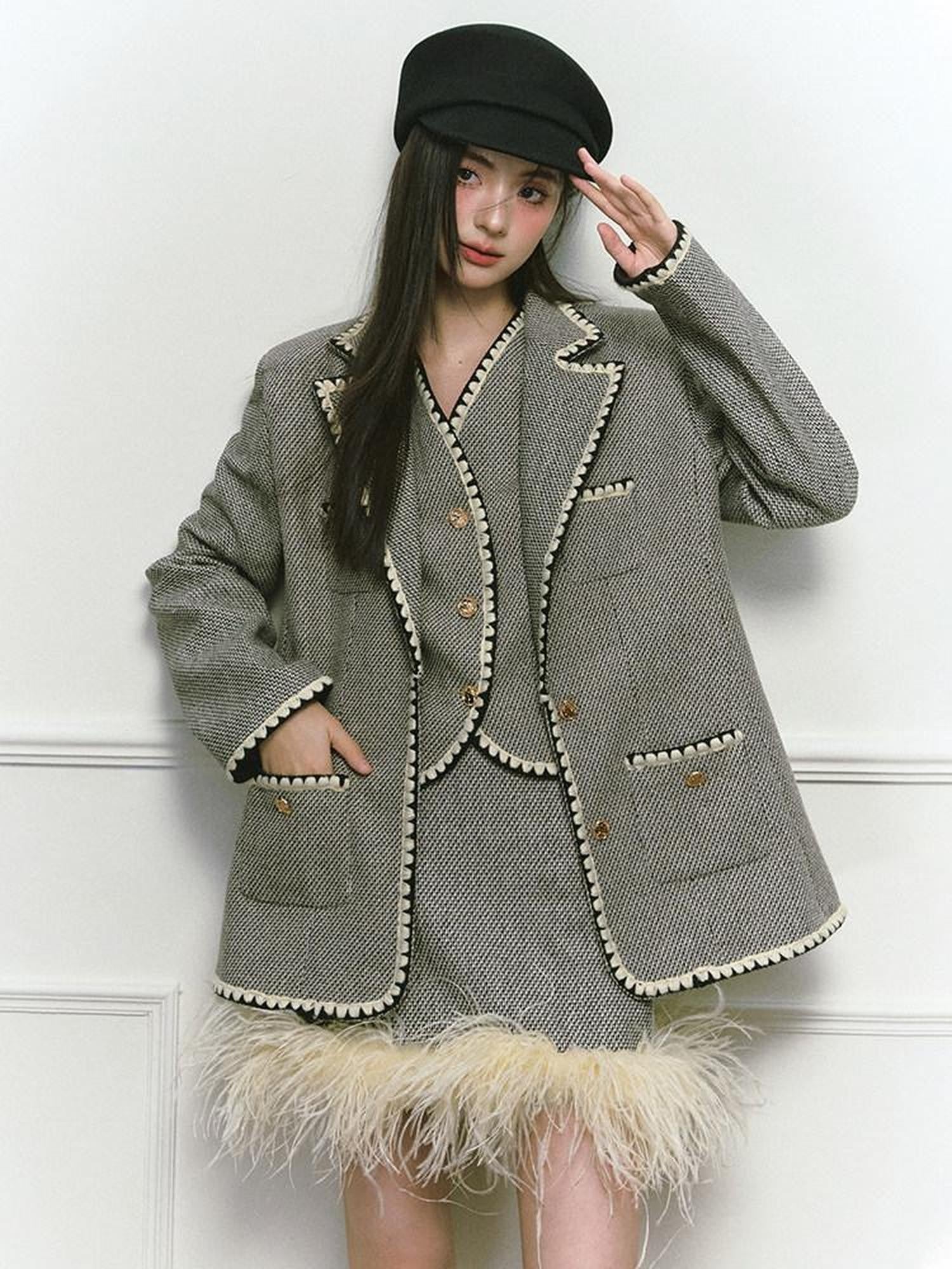 1P STUDIO Shell Embroidered Tweed Three Piece Women&