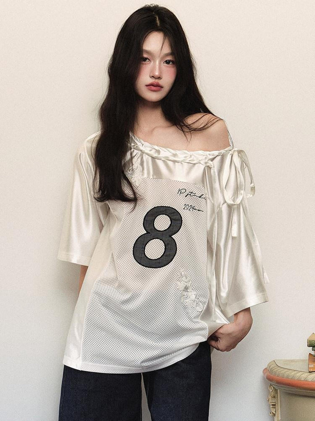 1P STUDIO Shiny Panelled Mesh Print Asymmetric Shoulder Tie Women&