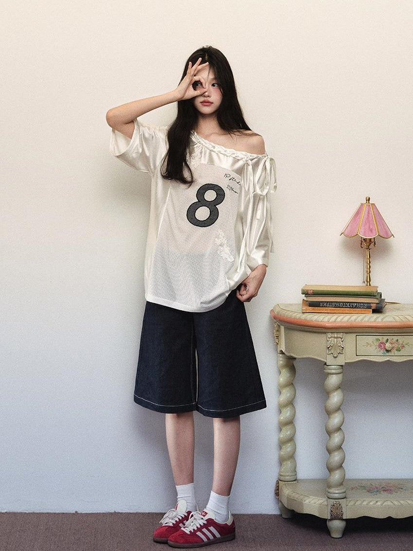 1P STUDIO Shiny Panelled Mesh Print Asymmetric Shoulder Tie Women&