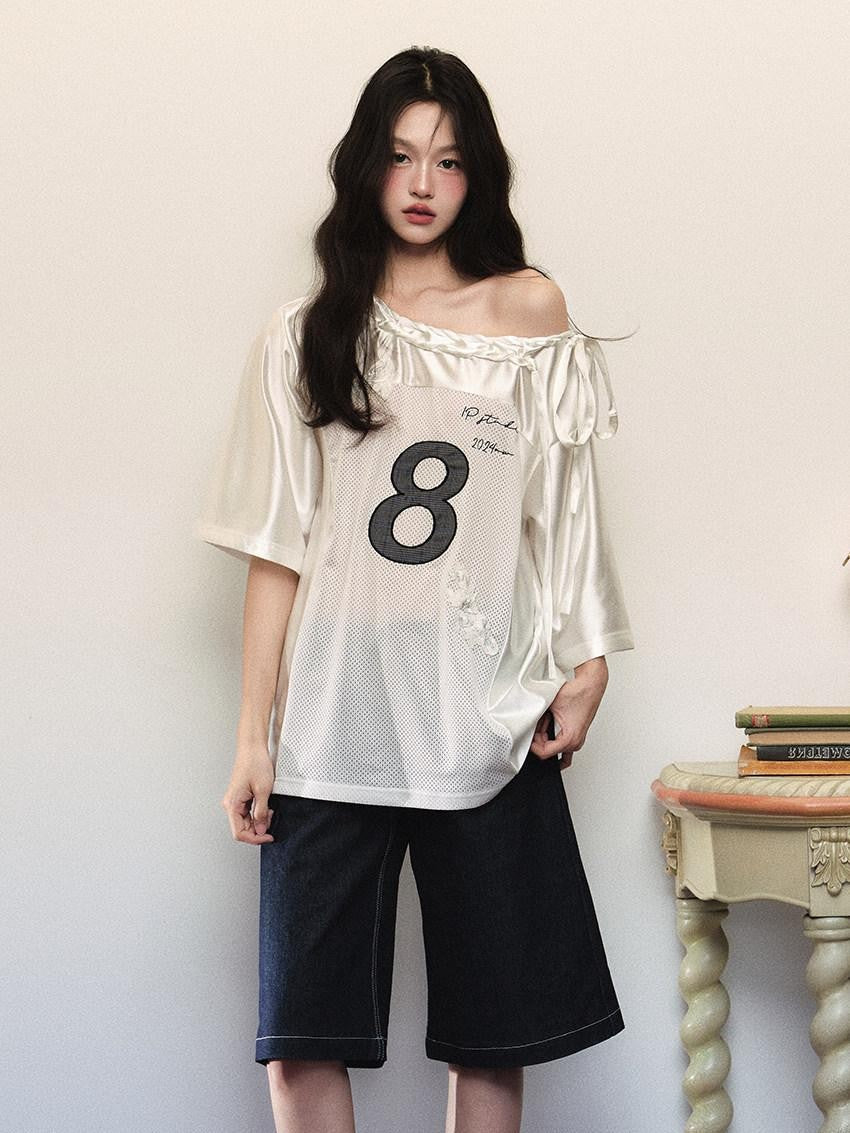 1P STUDIO Shiny Panelled Mesh Print Asymmetric Shoulder Tie Women&