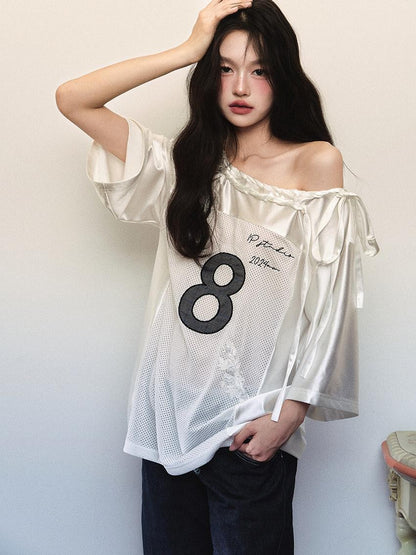 1P STUDIO Shiny Panelled Mesh Print Asymmetric Shoulder Tie Women&