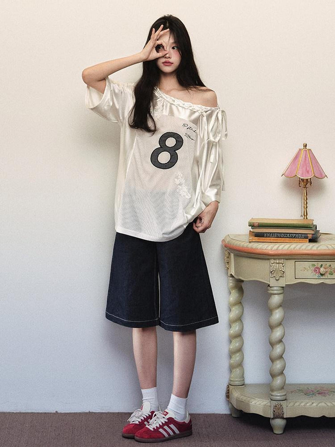 1P STUDIO Shiny Panelled Mesh Print Asymmetric Shoulder Tie Women&