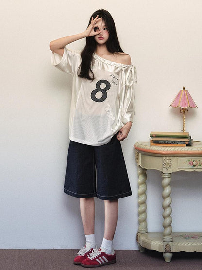 1P STUDIO Shiny Panelled Mesh Print Asymmetric Shoulder Tie Women&