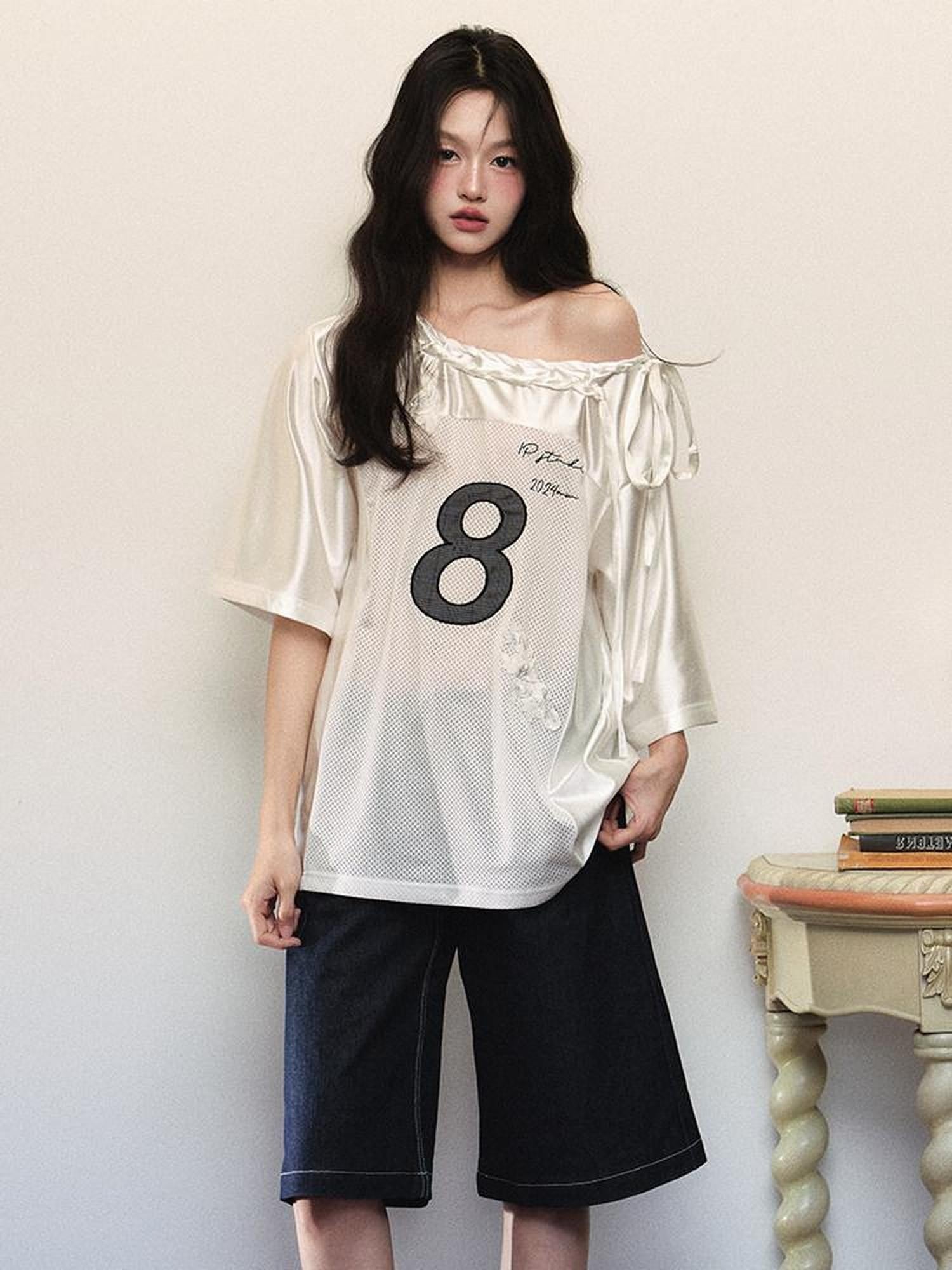 1P STUDIO Shiny Panelled Mesh Print Asymmetric Shoulder Tie Women&